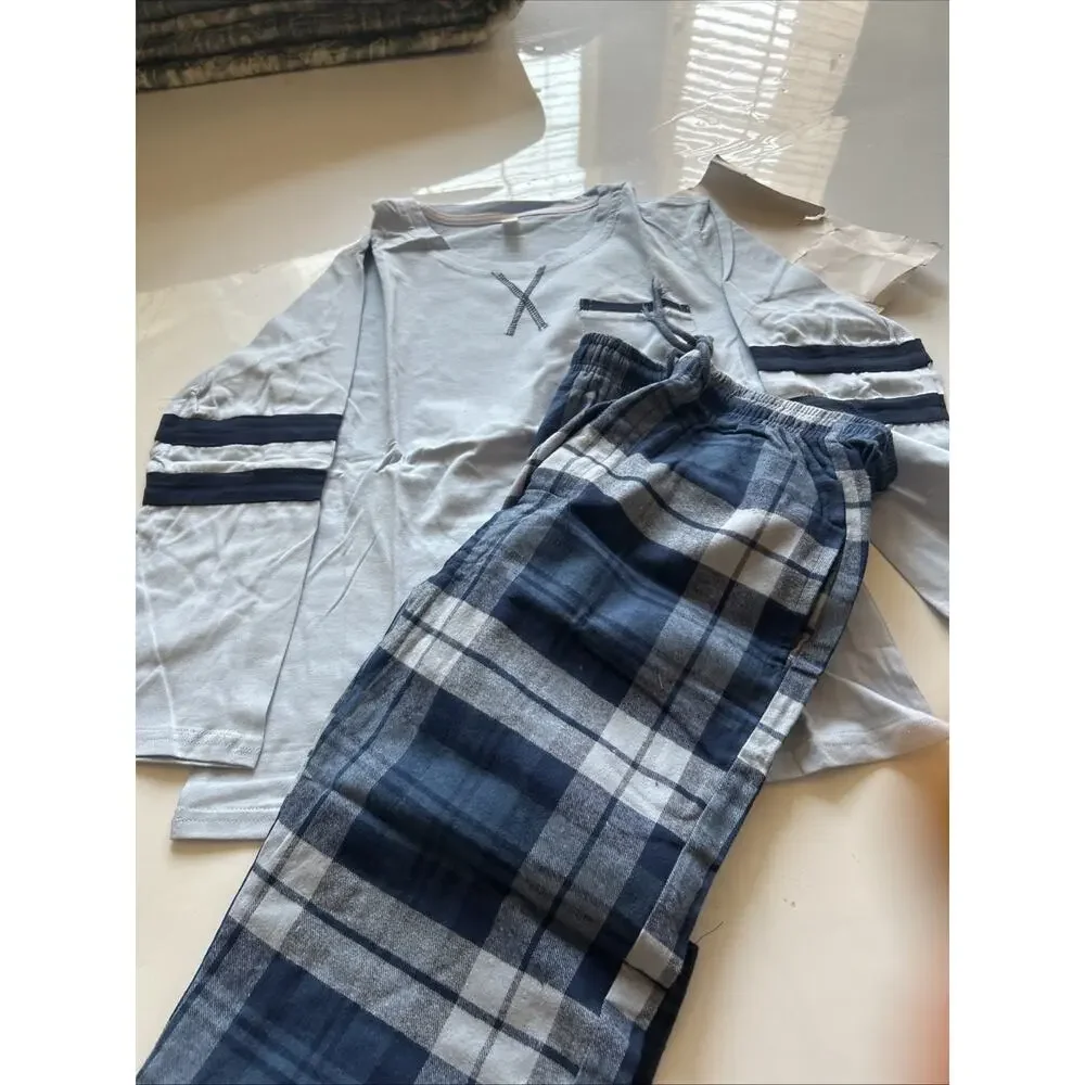 Leisure Boys Navy Tee Plaid Lounge Pajama Set 2pc Size M US